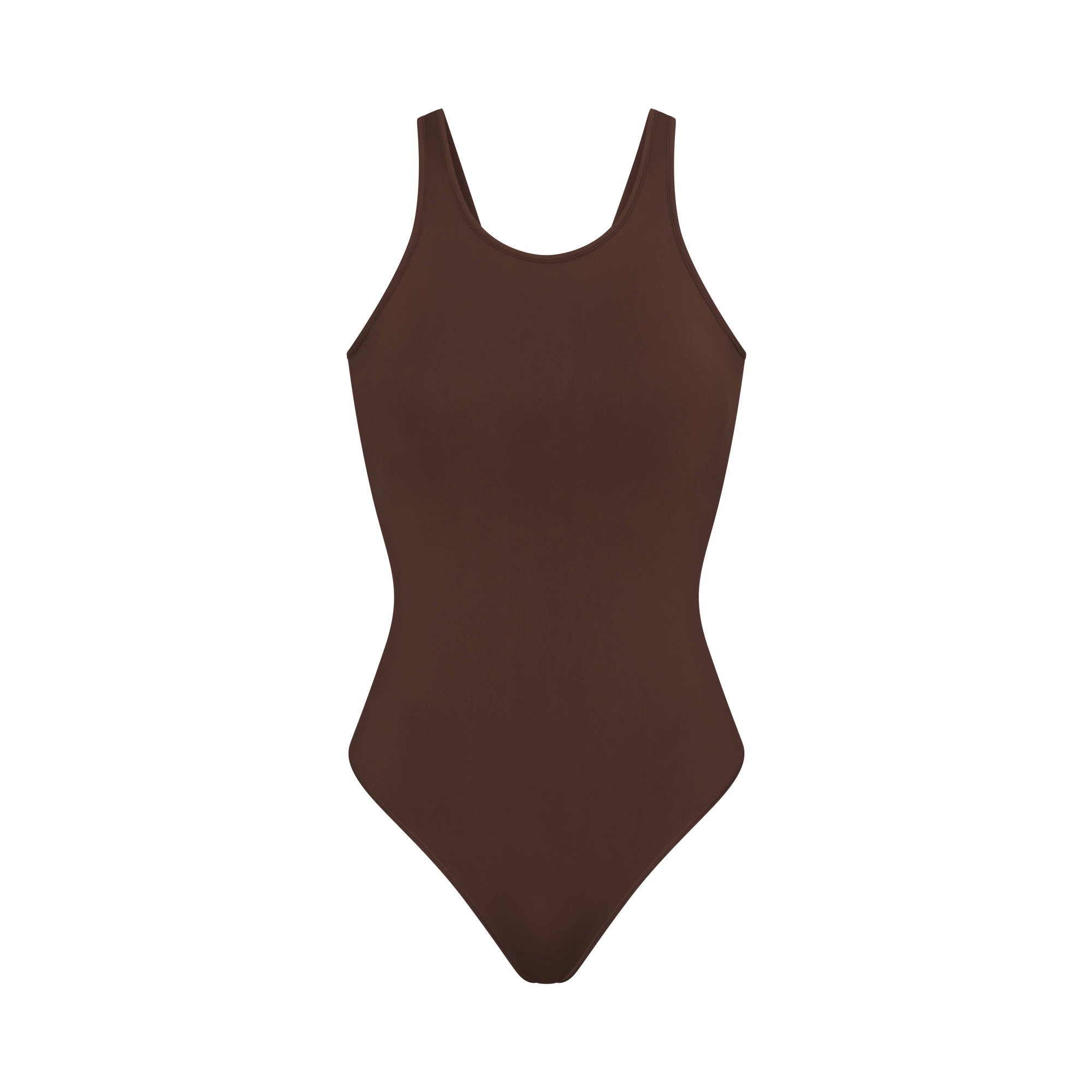 SOFT SMOOTHING SEAMLESS PADDED THONG BODYSUIT | COCOA FLAT ON A WHITE BACKGROUND | FLT