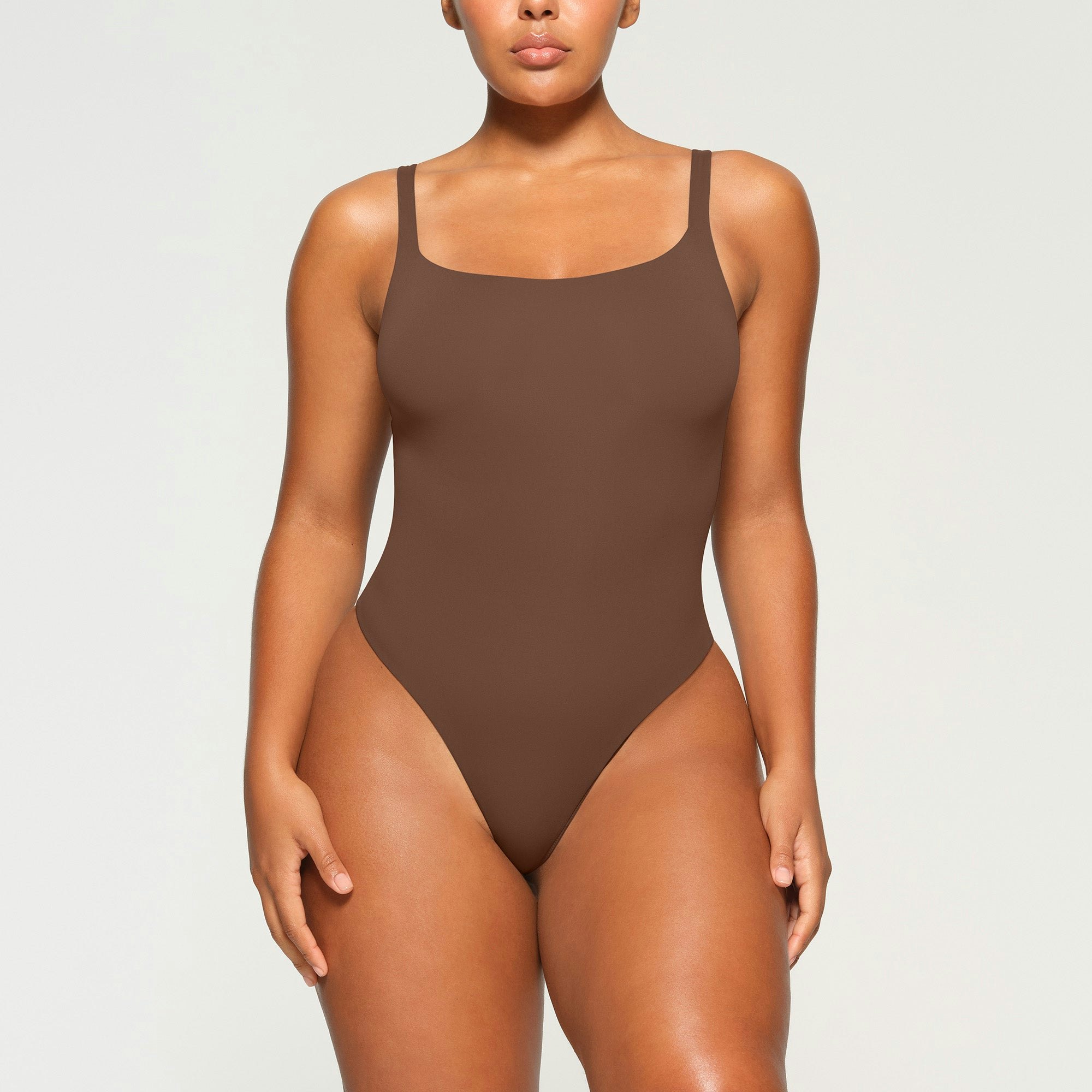FITS EVERYBODY SQUARE NECK BODYSUIT WORN BY A MODEL IN FRONT VIEW | SEE: M, L, XL