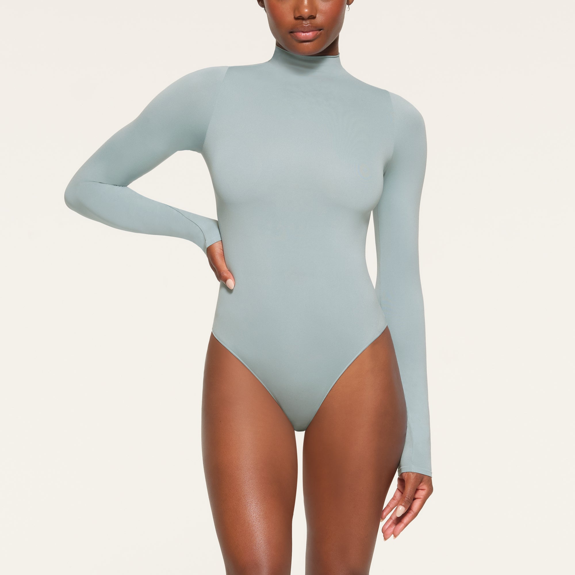ESSENTIAL MOCK NECK LONG SLEEVE BODYSUIT DENIM