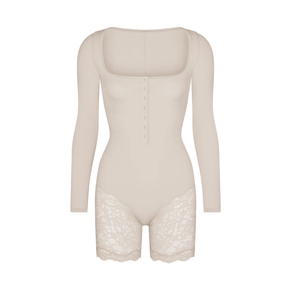 FITS EVERYBODY LACE LONG SLEEVE ONESIE | STONE(ONESIES, BODYSUITS) FLAT ON A WHITE BACKGROUND | FLT