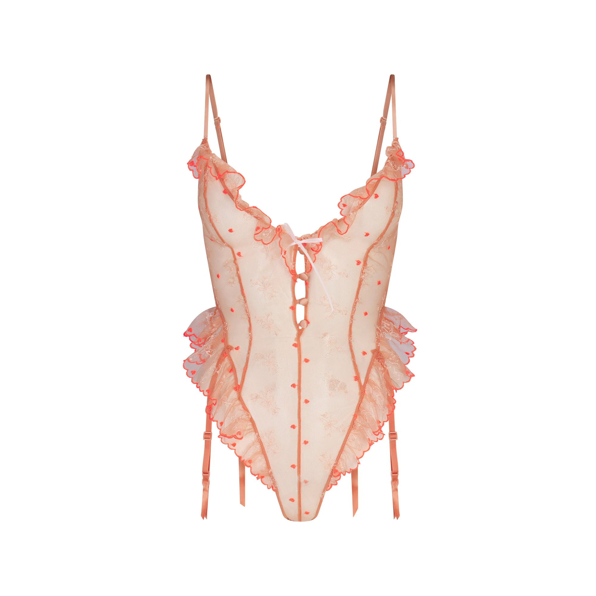EMBROIDERED TULLE GARTER TEDDY | GUAVA HEART TULLE FLAT ON A WHITE BACKGROUND | FLT