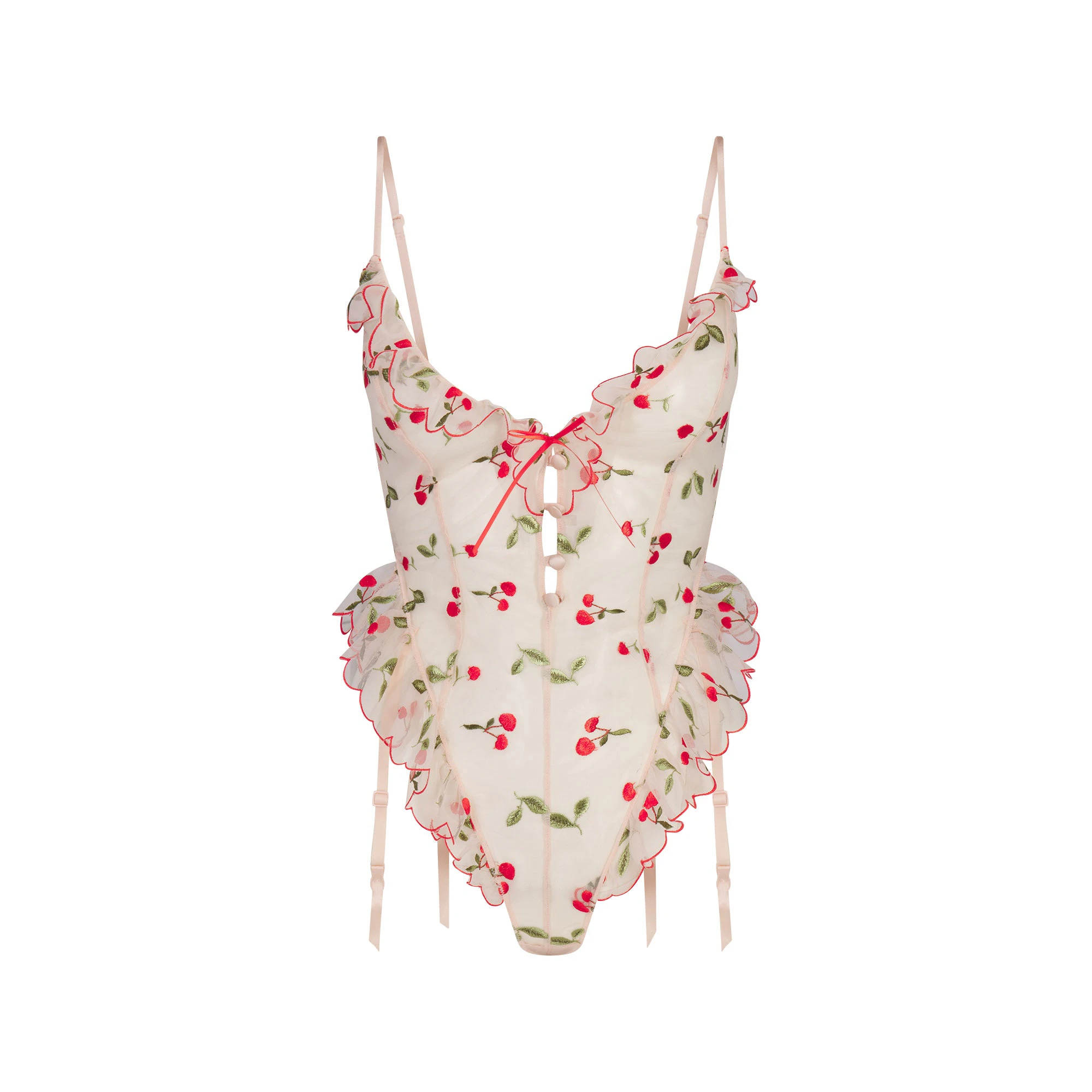 EMBROIDERED TULLE GARTER TEDDY | PRIMROSE CHERRY TULLE FLAT ON A WHITE BACKGROUND | FLT