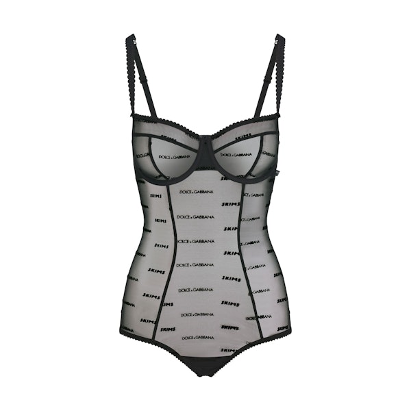 DOLCE&GABBANA X SKIMS ULTRA FINE MESH LOGO BRIEF BODYSUIT | ONYX (BODYSUITS) FLAT ON A WHITE BACKGROUND | FLT