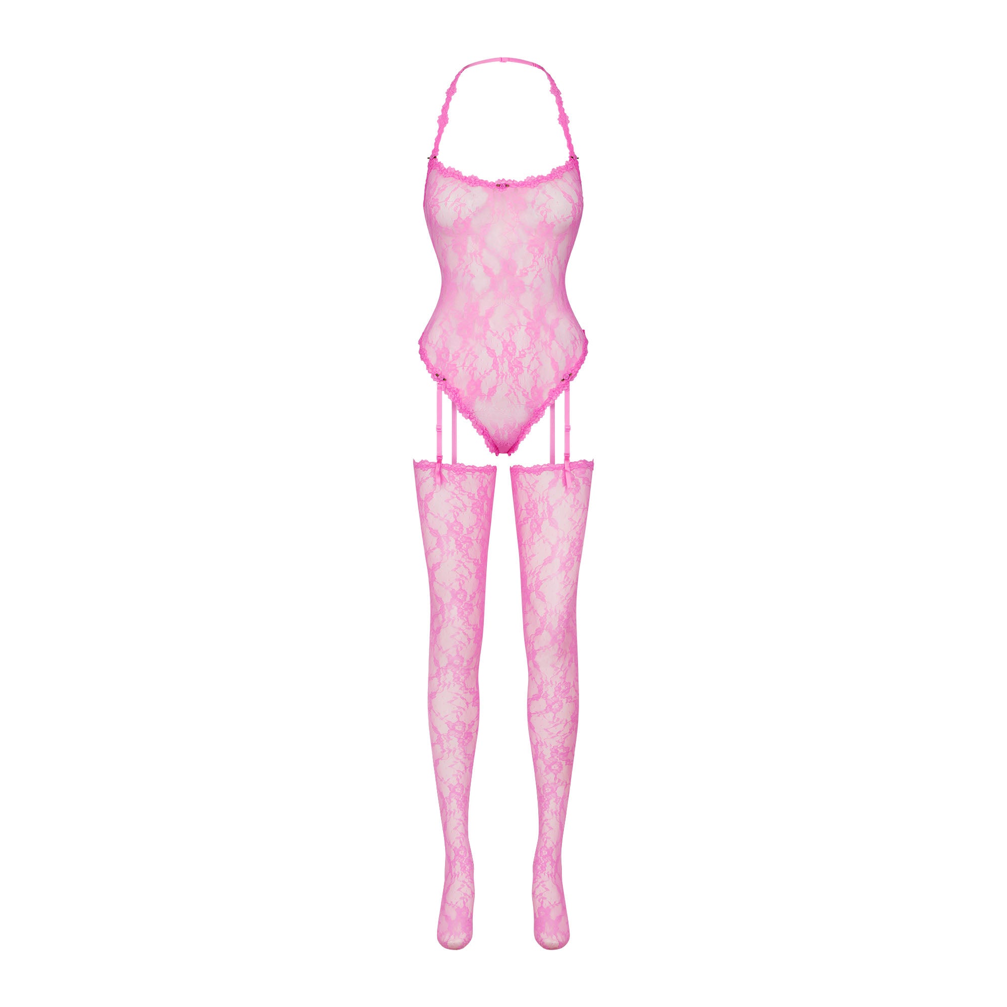 STRETCH LACE BODYSUIT AND STOCKINGS SET | SUGAR PINK STRETCH LACE BODYSUIT AND STOCKINGS SET | SUGAR PINK