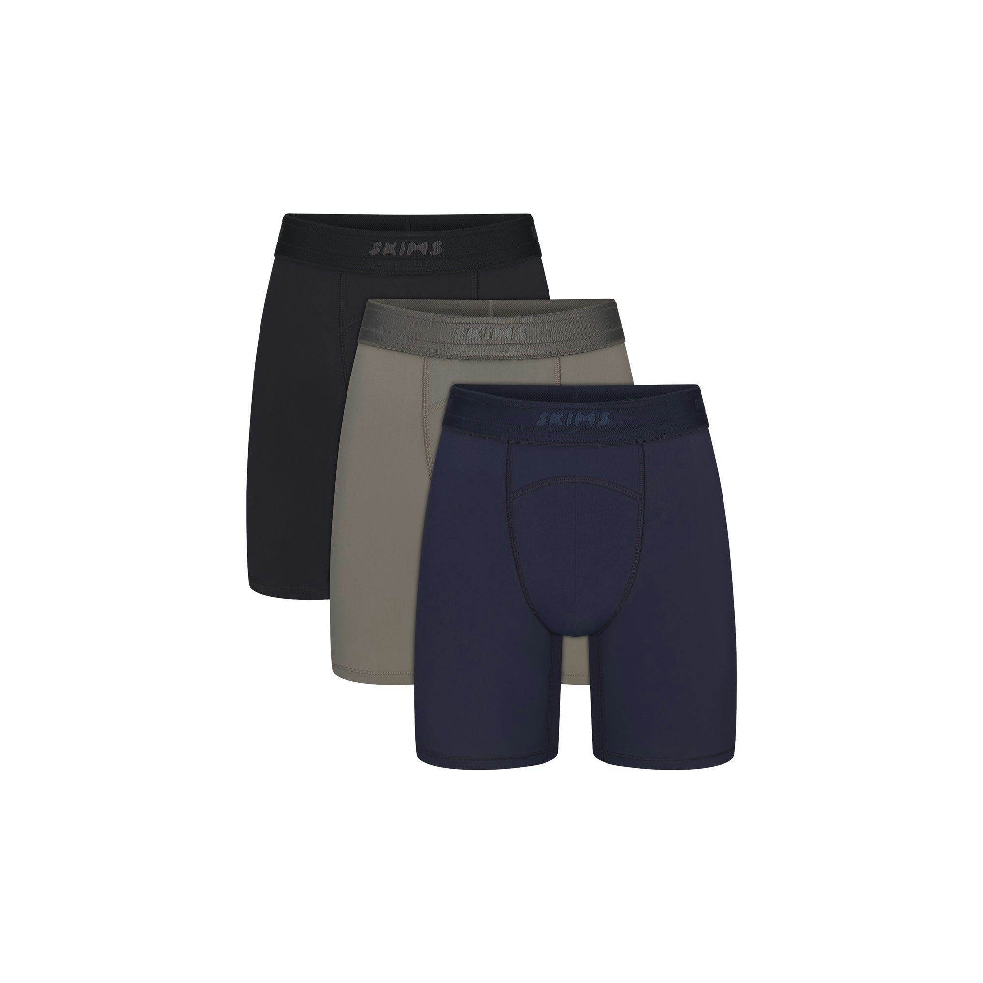 SKIMS FLEX MENS 7" BOXER BRIEF 3-PACK | NAVY GUNMETAL MULTI FLAT ON A WHITE BACKGROUND | FLT @ | FOCUS: 0.0, 1.0, 0.9