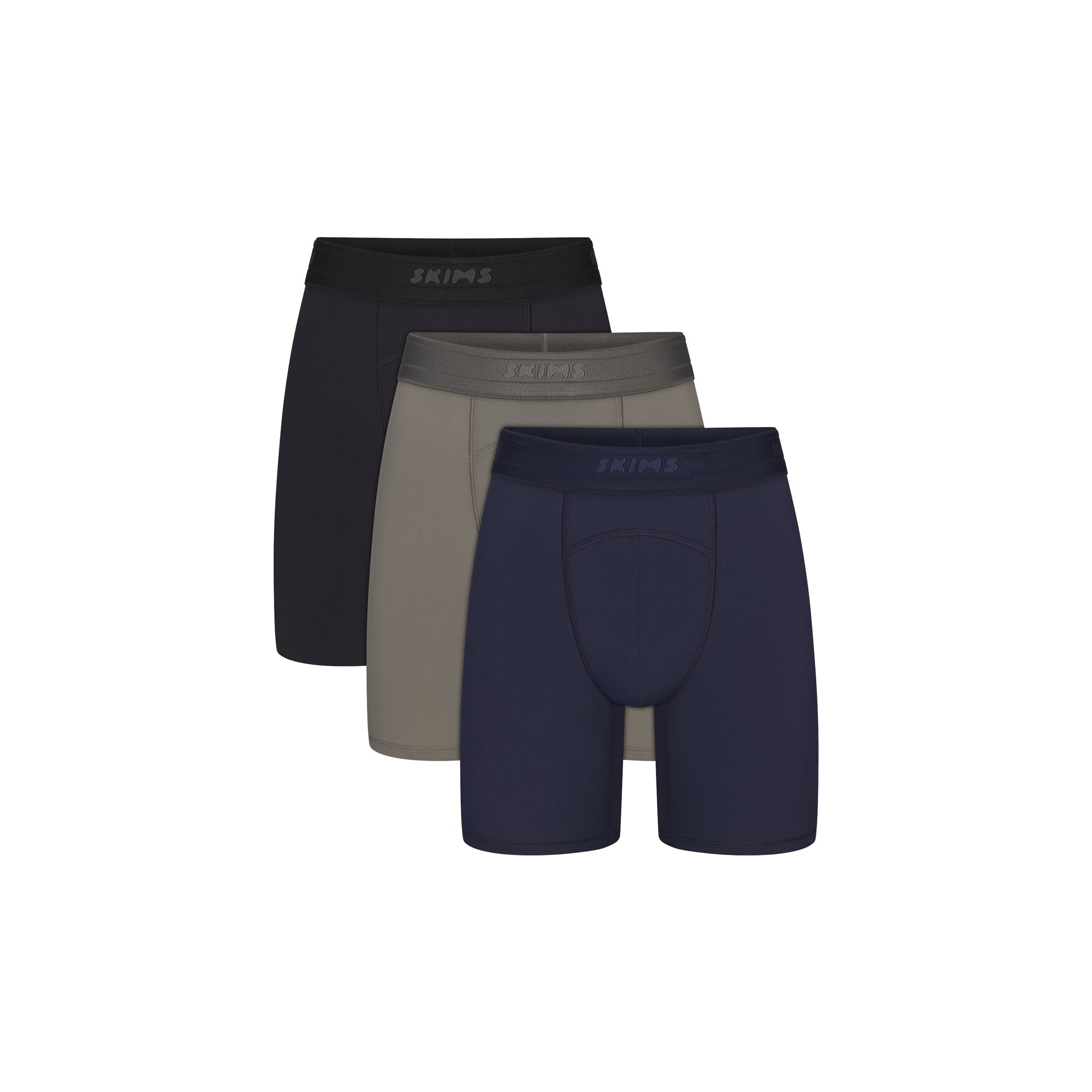 SKIMS FLEX MENS 7" BOXER BRIEF 3-PACK | NAVY GUNMETAL MULTI FLAT ON A WHITE BACKGROUND | FLT @ | FOCUS: 0.0, 1.0, 0.9