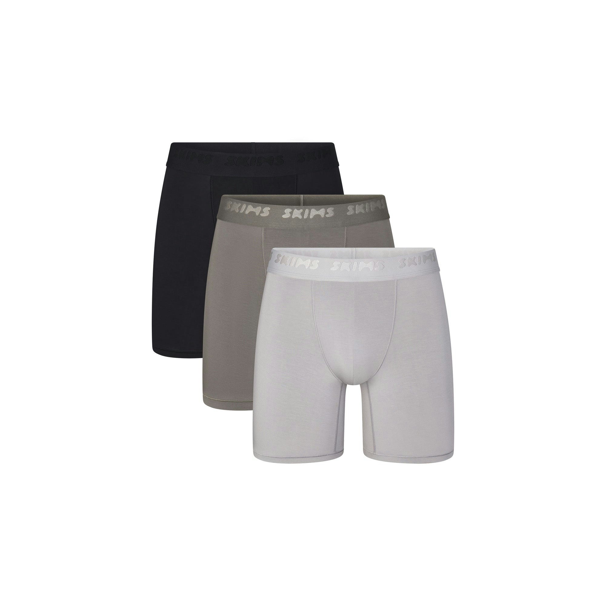 SKIMS STRETCH MENS 5" BOXER BRIEF 3-PACK | GUNMETAL MULTI (MENS BOXERS, MENS UNDERWEAR) LAYS FLAT ON A WHITE BACKGROUND | FLT | FOCUS: 0.0, 1.0, 0.9