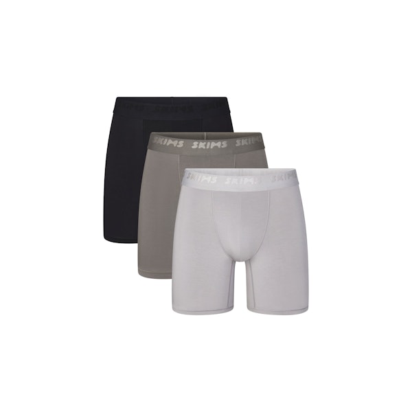 SKIMS STRETCH MENS 5" BOXER BRIEF 3-PACK | GUNMETAL MULTI (MENS BOXERS, MENS UNDERWEAR) LAYS FLAT ON A WHITE BACKGROUND | FLT | FOCUS: 0.0, 1.0, 0.9