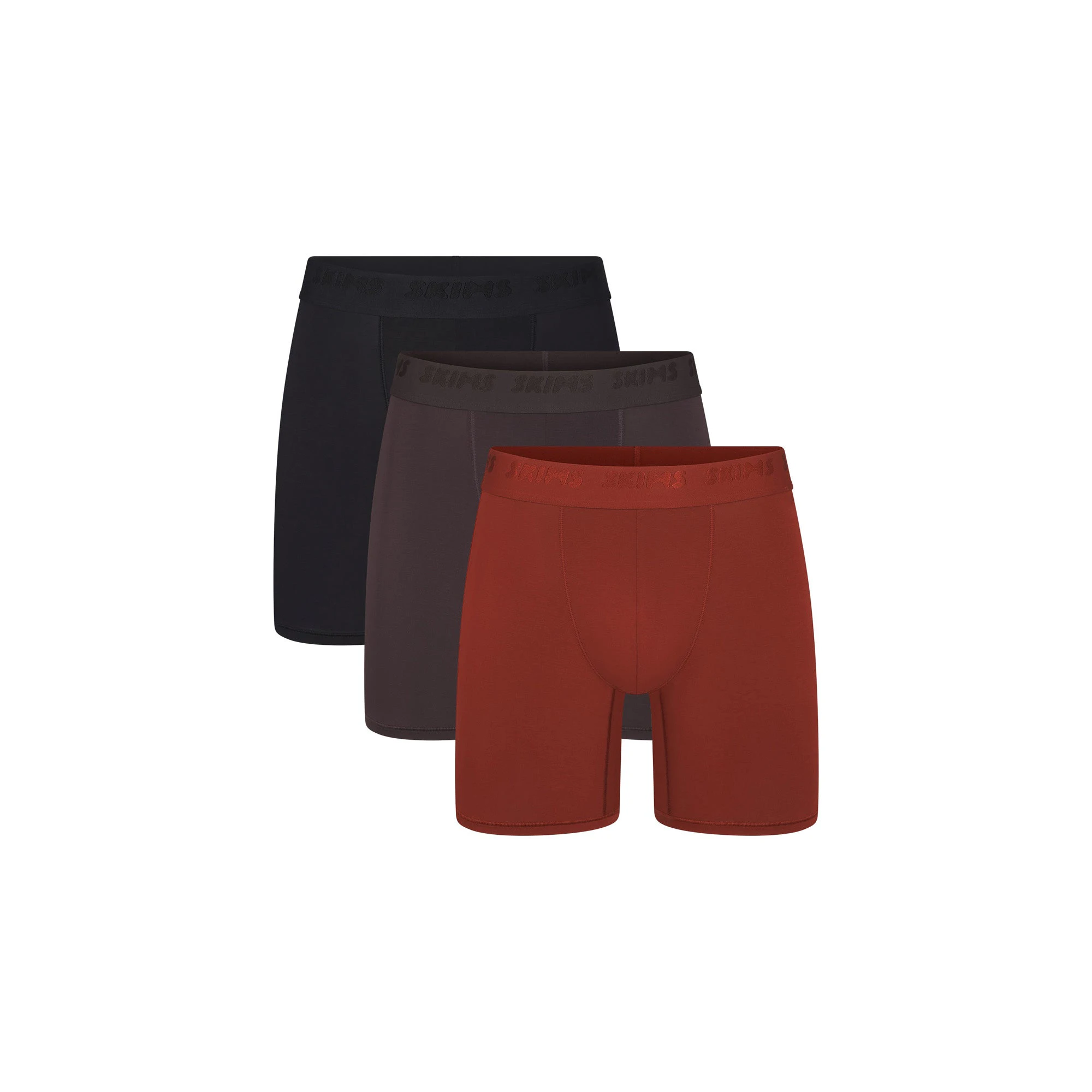 SKIMS STRETCH MENS 5" BOXER BRIEF 3-PACK | RUST MULTI(MENS BOXERS) FLAT ON A WHITE BACKGROUND | FLT | FOCUS: 0.0, 1.0, 0.9