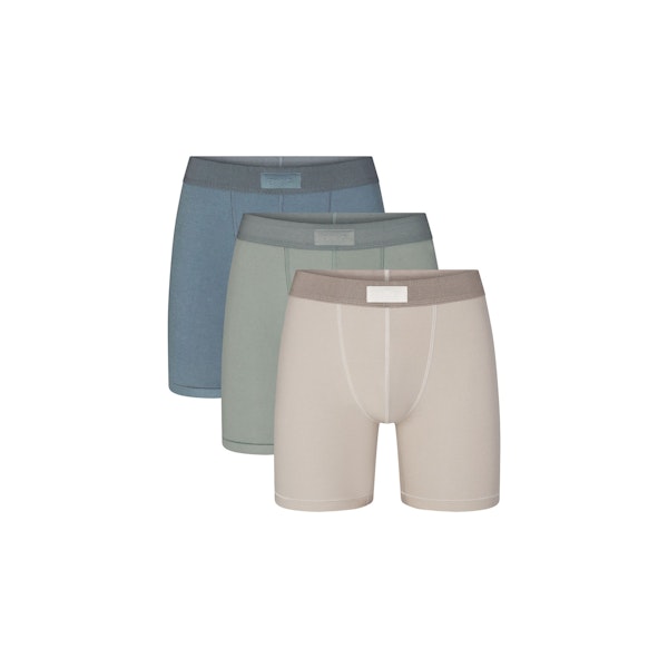 SKIMS COTTON MENS 5" BOXER BRIEF 3-PACK | STONE MULTI (MENS BOXERS, MENS UNDERWEAR) LAYS FLAT ON A WHITE BACKGROUND | FLT | FOCUS: 0.0, 1.0, 0.9