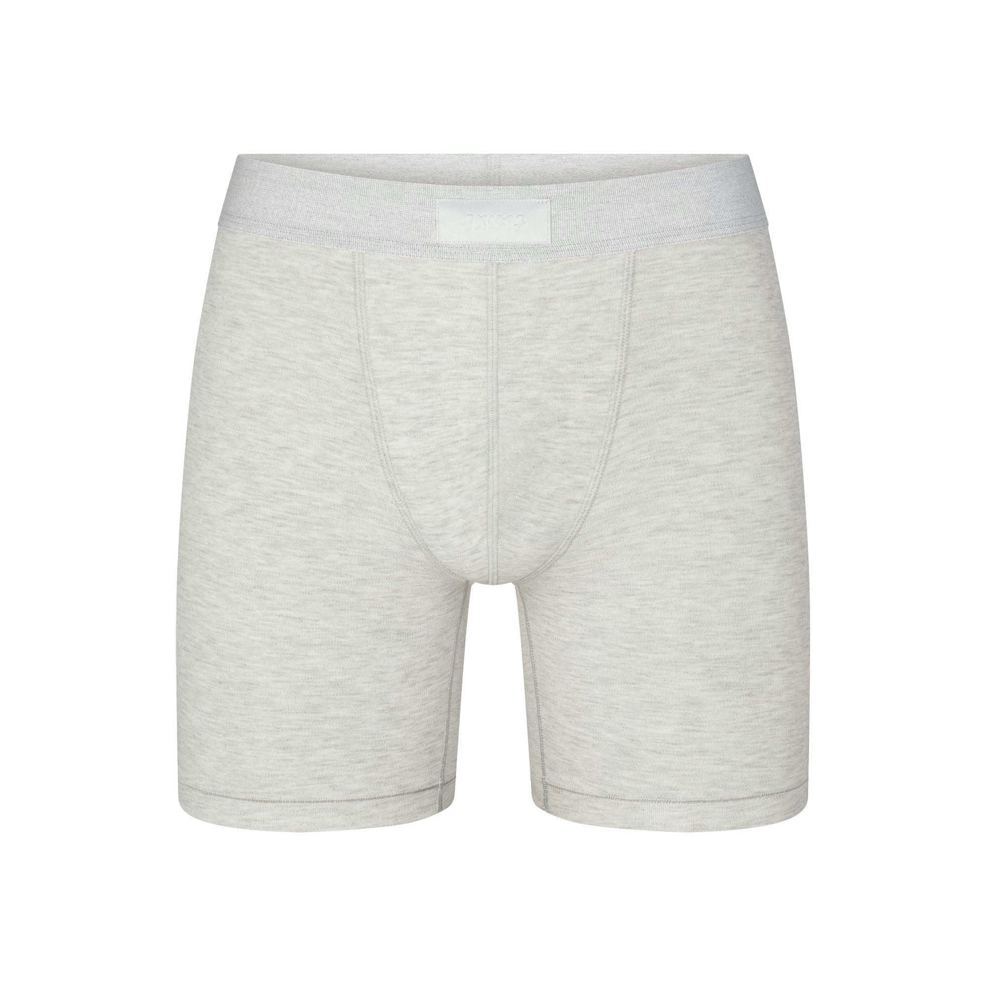 SKIMS COTTON MENS 5" BOXER BRIEF | LIGHT HEATHER GREY (MENS BOXERS, MENS UNDERWEAR) LAYS FLAT ON A WHITE BACKGROUND | FLT