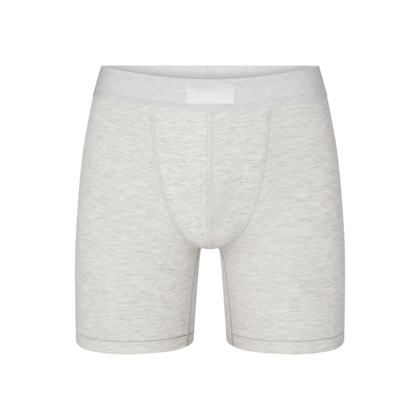SKIMS COTTON MENS 5" BOXER BRIEF | LIGHT HEATHER GREY (MENS BOXERS, MENS UNDERWEAR) LAYS FLAT ON A WHITE BACKGROUND | FLT