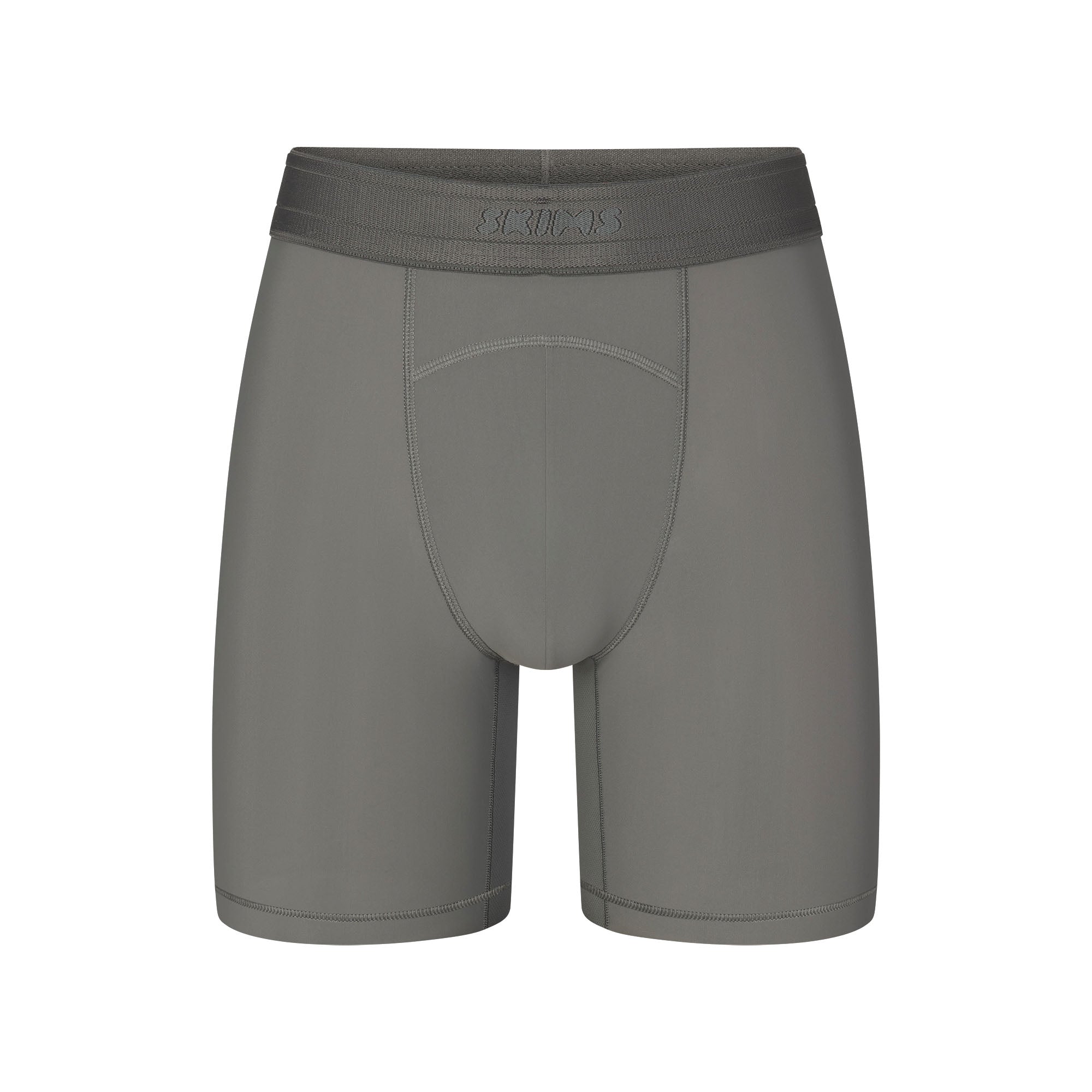 SKIMS SPORT MENS 7" BOXER BRIEF | GUNMETAL (MENS BOXERS, MENS UNDERWEAR) LAYS FLAT ON A WHITE BACKGROUND | FLT