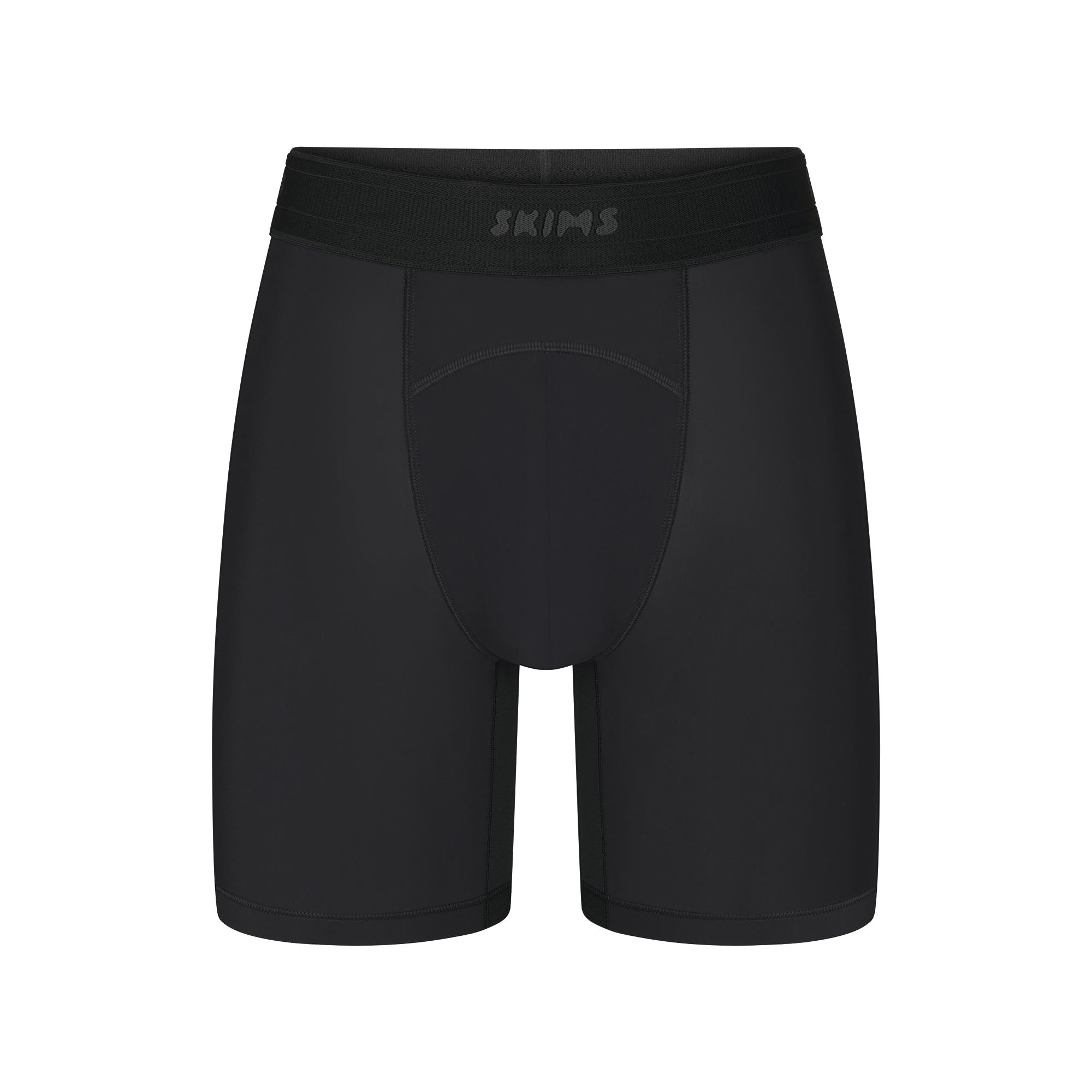 SKIMS SPORT MENS 7" BOXER BRIEF | OBSIDIAN (MENS BOXERS, MENS UNDERWEAR) LAYS FLAT ON A WHITE BACKGROUND | FLT
