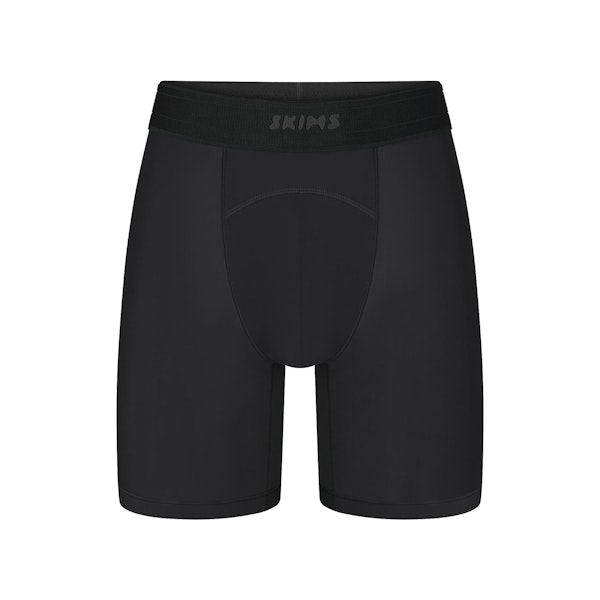 SKIMS SPORT MENS 7" BOXER BRIEF | OBSIDIAN (MENS BOXERS, MENS UNDERWEAR) LAYS FLAT ON A WHITE BACKGROUND | FLT