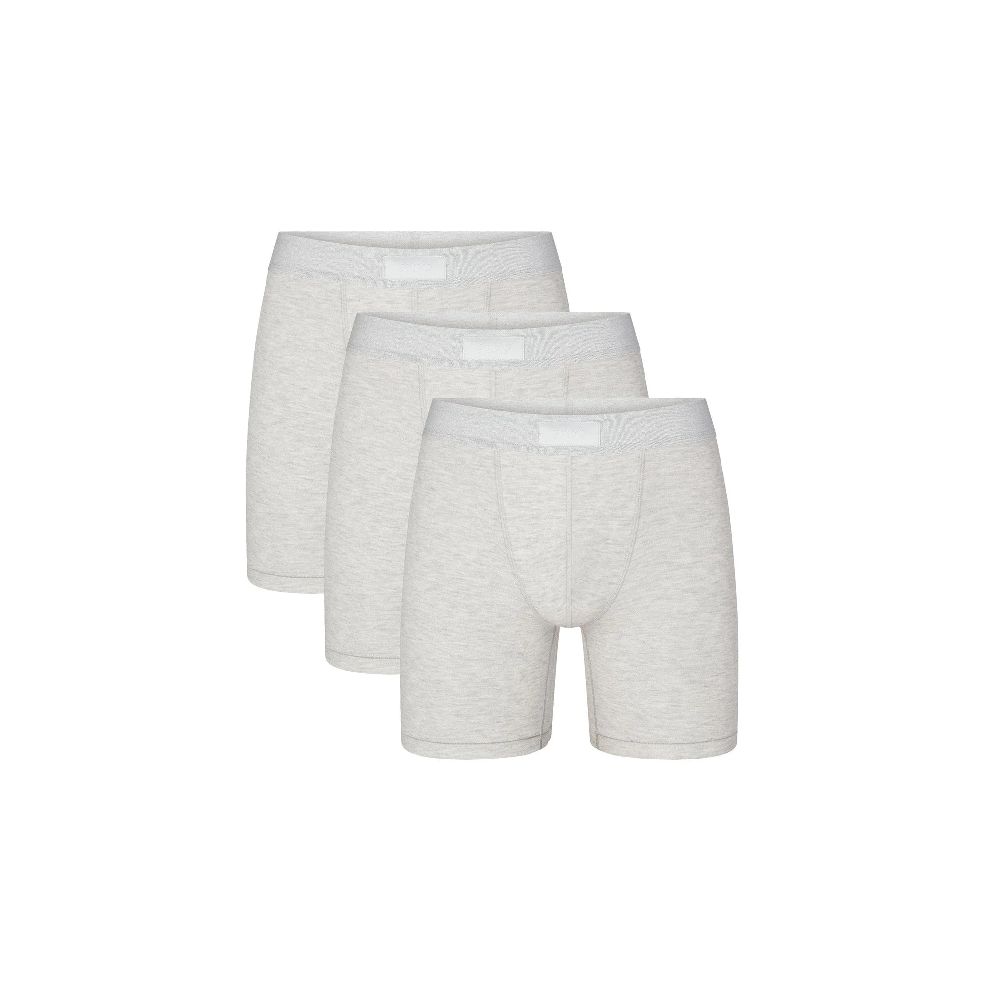 SKIMS COTTON MENS 5" BOXER BRIEF 3-PACK | lLIGTH HEATHER GREY I(MENS BOXERS) FLAT ON A WHITE BACKGROUND | FLT | FOCUS: 0.0, 1.0, 0.9