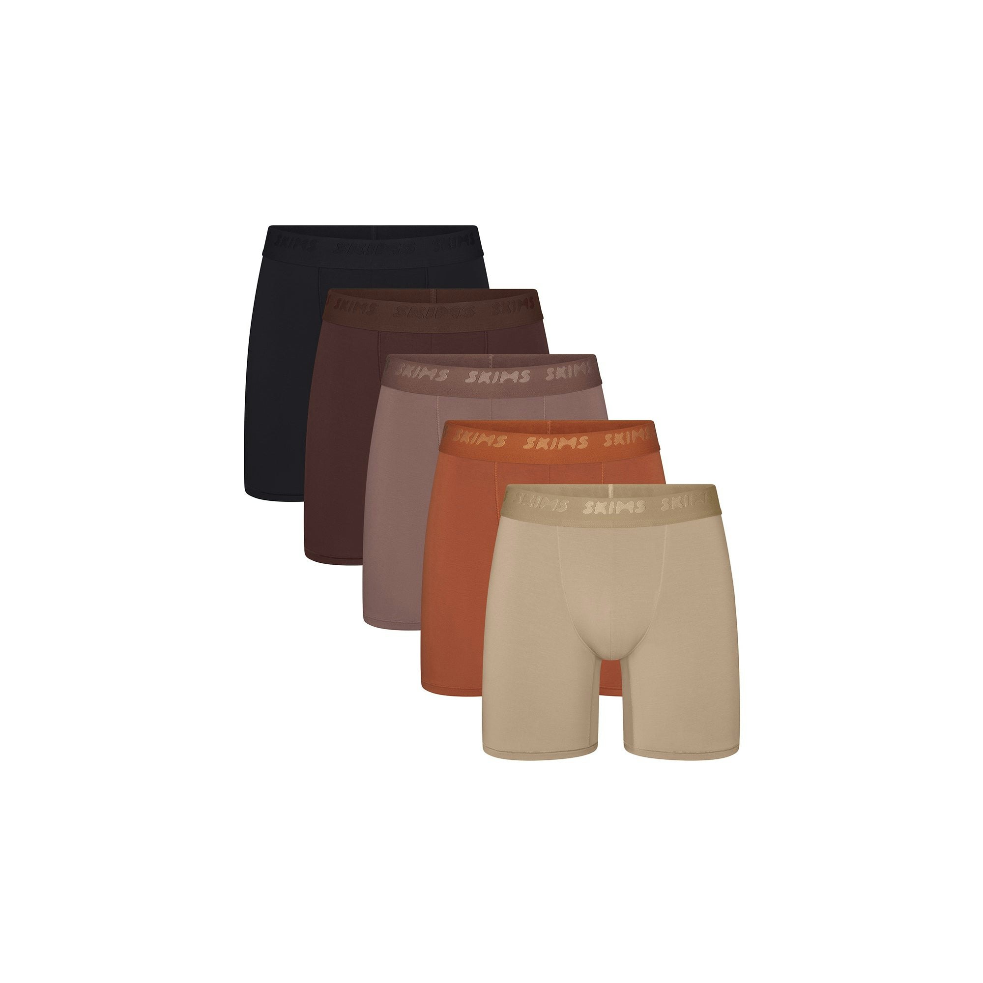SKIMS STRETCH MENS 5" BOXER BRIEF 5-PACK | COCOA MULTI FLAT ON A WHITE BACKGROUND | FLT | FOCUS: 0.0, 1.0, 0.9