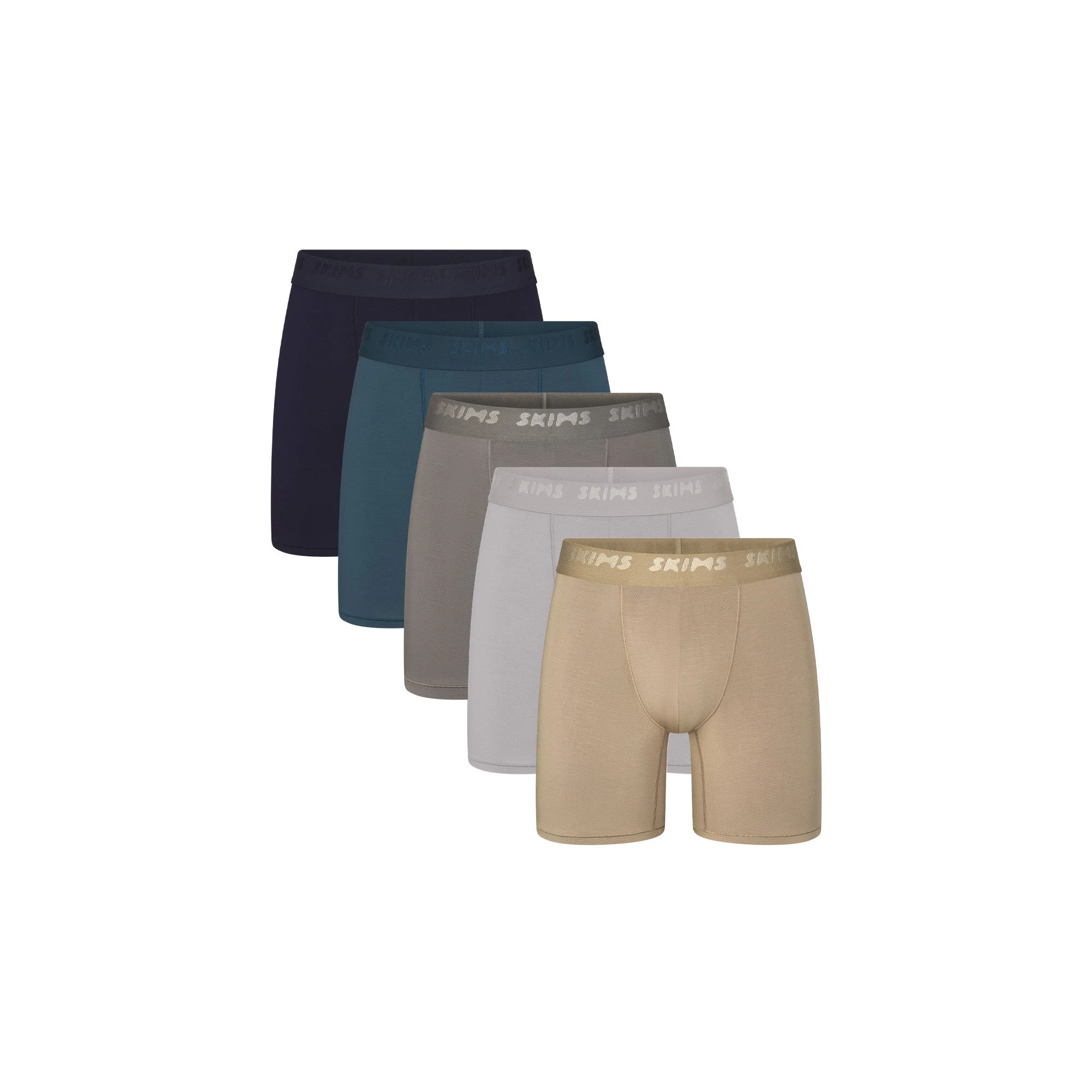 SKIMS STRETCH MENS 5 INCH BOXER BRIEF 5-PACK | DESERT INDIGO MULTI FLAT ON A WHITE BACKGROUND | FLT  | FOCUS: 0.0, 1.0, 0.9