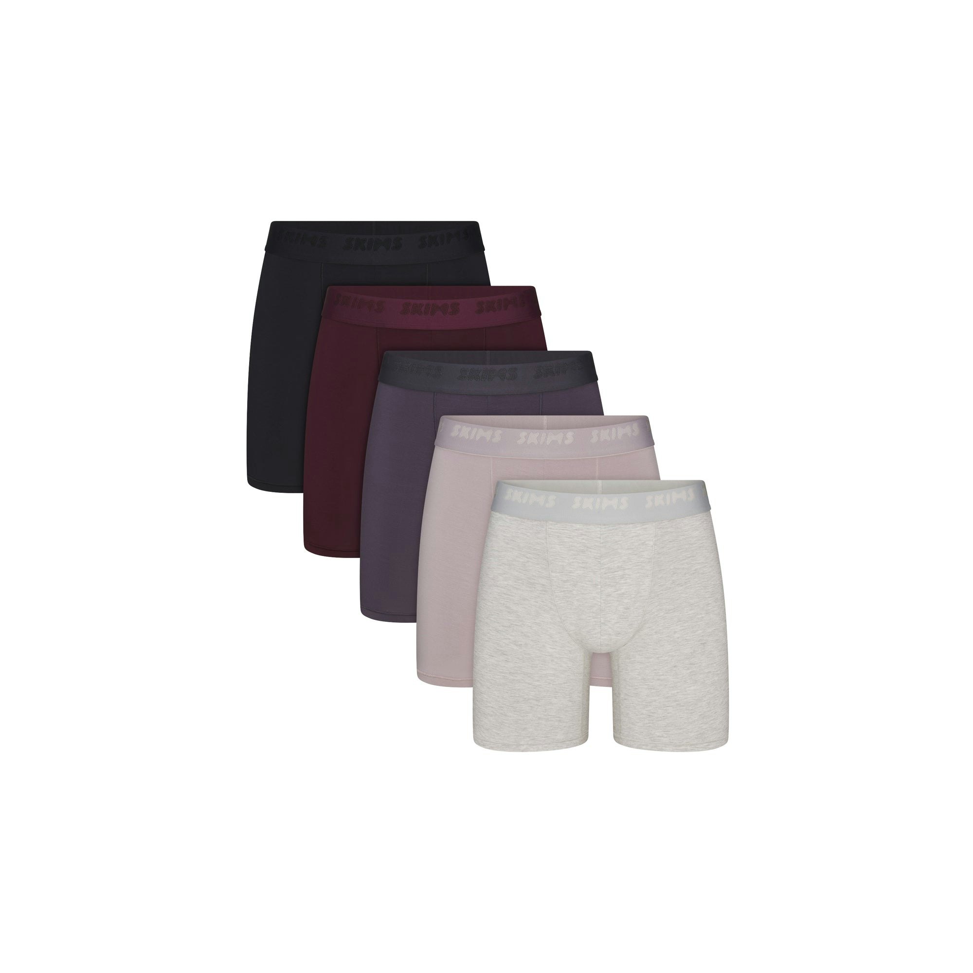 SKIMS STRETCH MENS 5" BOXER BRIEF 5-PACK | RAVEN CURRANT MULTI FLAT ON A WHITE BACKGROUND | FLT @ | FOCUS: 0.0, 1.0, 0.9