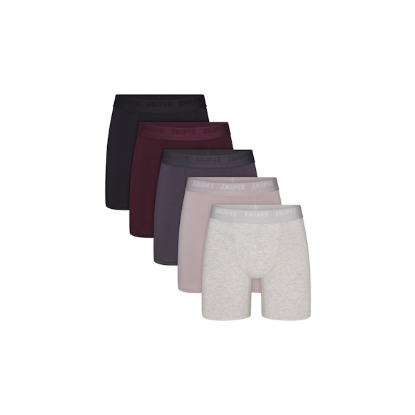 SKIMS STRETCH MENS 5" BOXER BRIEF 5-PACK | RAVEN CURRANT MULTI FLAT ON A WHITE BACKGROUND | FLT @ | FOCUS: 0.0, 1.0, 0.9