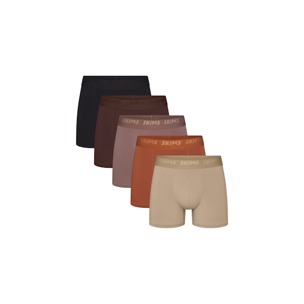 SKIMS STRETCH MENS 3" BOXER BRIEF 5-PACK | COCOA MULTI (MENS BOXERS) FLAT ON A WHITE BACKGROUND | FLT | FOCUS: 0.0, 1.0, 0.9