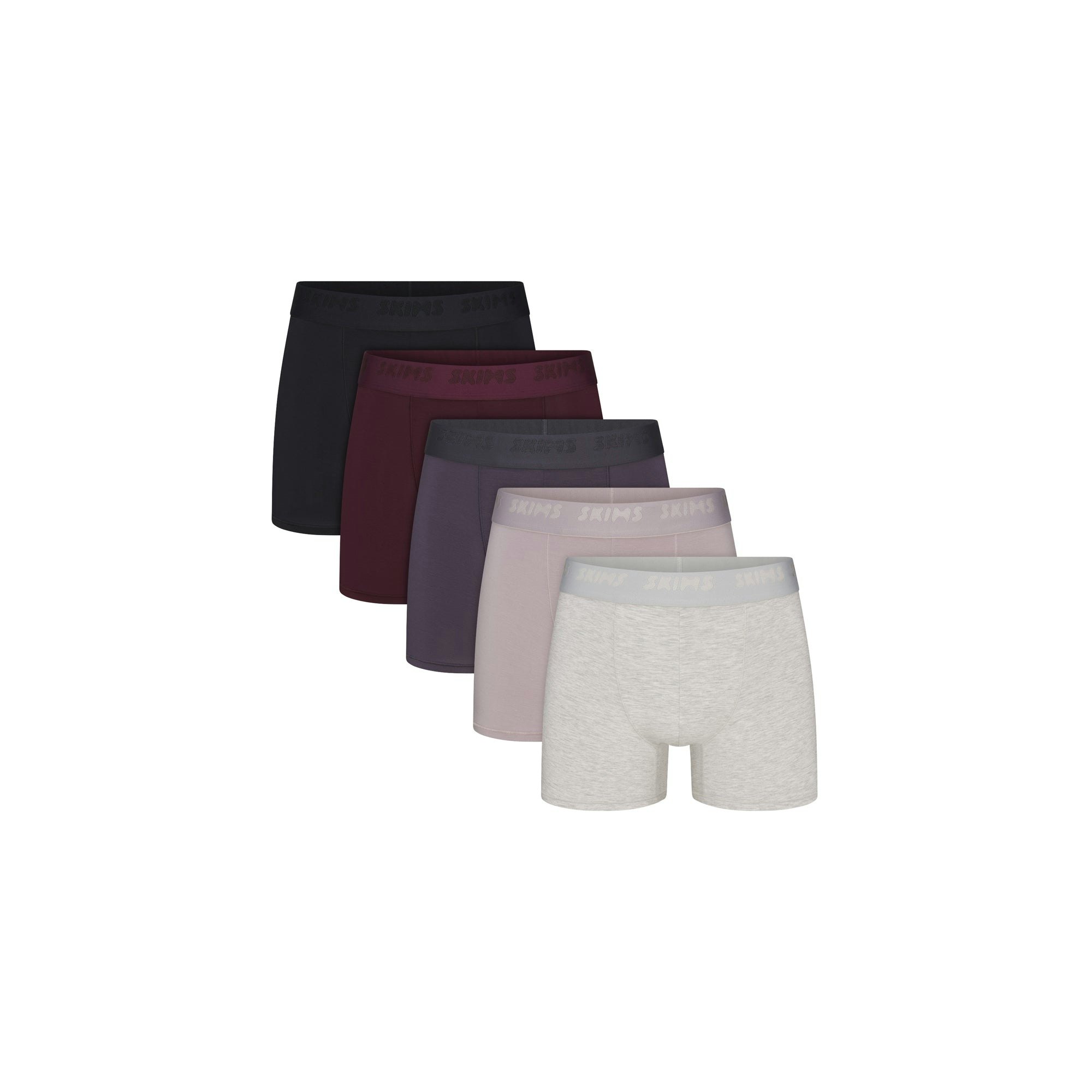 SKIMS STRETCH MENS 3" BOXER BRIEF 5-PACK | RAVEN CURRANT MULTI FLAT ON A WHITE BACKGROUND | FLT @ | FOCUS: 0.0, 1.0, 0.9