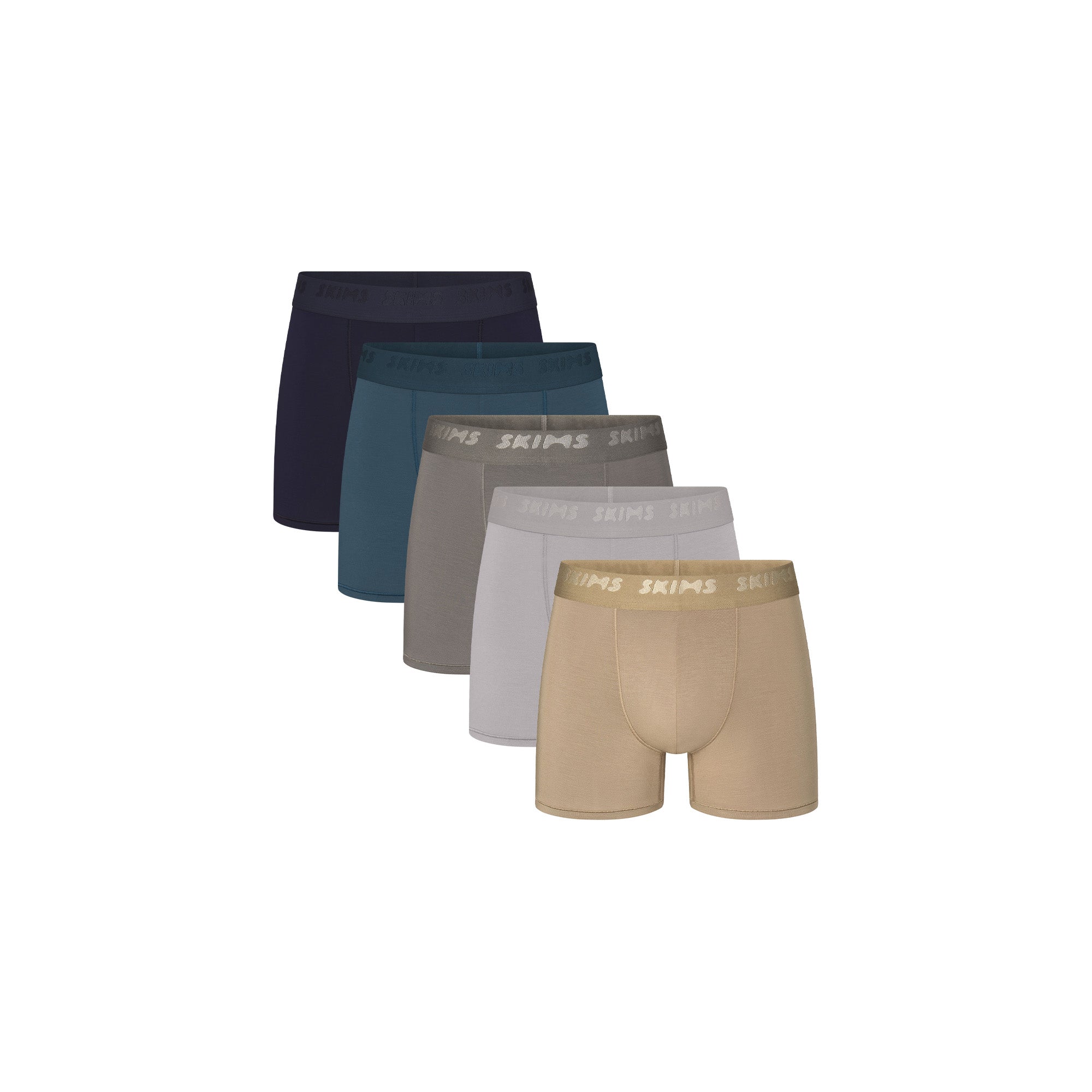 SKIMS STRETCH MENS 3 INCH BOXER BRIEF 5-PACK | DESERT INDIGO MULTI FLAT ON A WHITE BACKGROUND