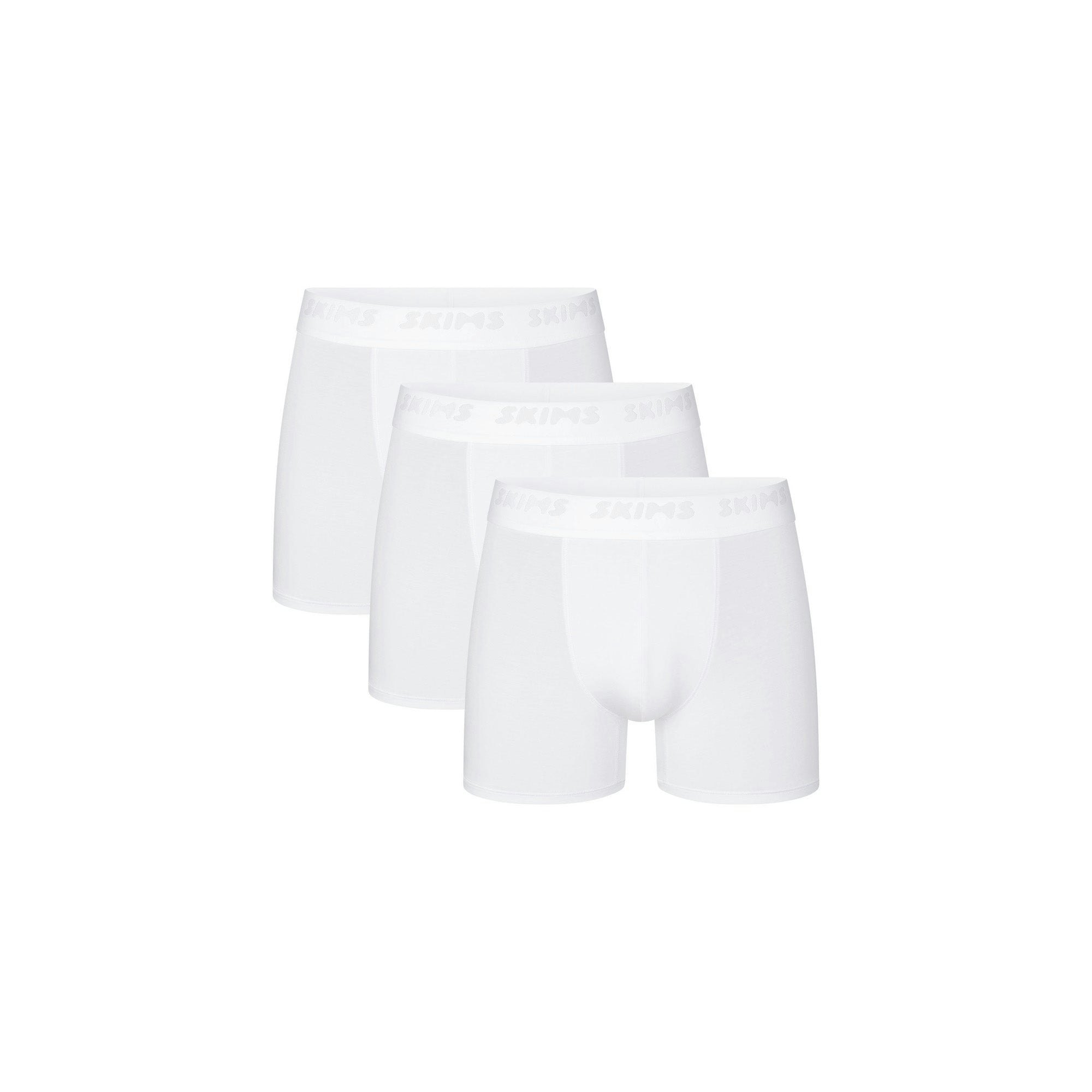 SKIMS STRETCH MENS 3" BOXER BRIEF 3-PACK | CHALK (MENS BOXERS, MENS UNDERWEAR) LAYS FLAT ON A WHITE BACKGROUND | FLT | FOCUS: 0.0, 1.0, 0.9