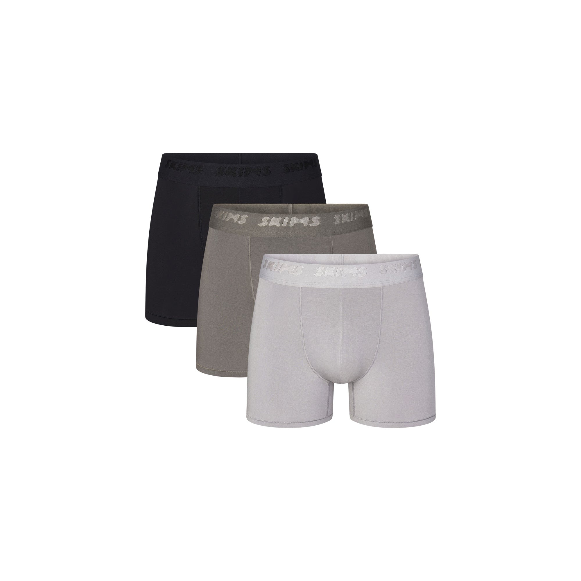 SKIMS STRETCH MENS 3" BOXER BRIEF 3-PACK | GUNMETAL MULTI (MENS BOXERS, MENS UNDERWEAR) LAYS FLAT ON A WHITE BACKGROUND | FLT | FOCUS: 0.9, 0.9 0.9