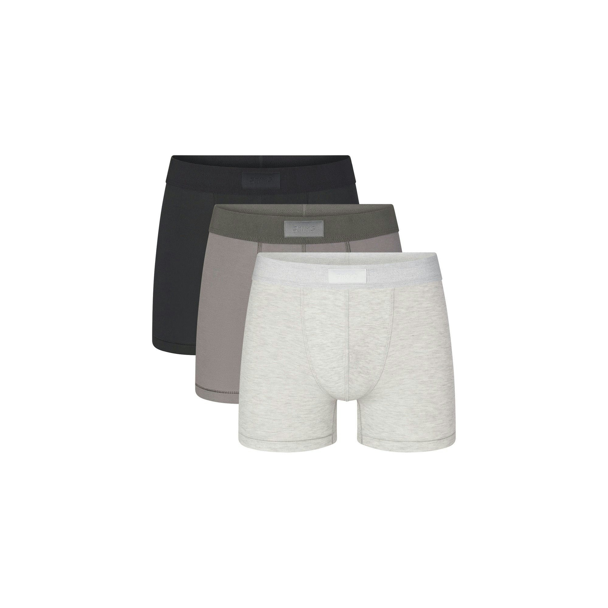 SKIMS COTTON MENS 3" BOXER BRIEF 3-PACK | HEATHER MULTI (MENS BOXERS, MENS UNDERWEAR) LAYS FLAT ON A WHITE BACKGROUND | FLT | FOCUS: 0.0, 1.0, 0.9