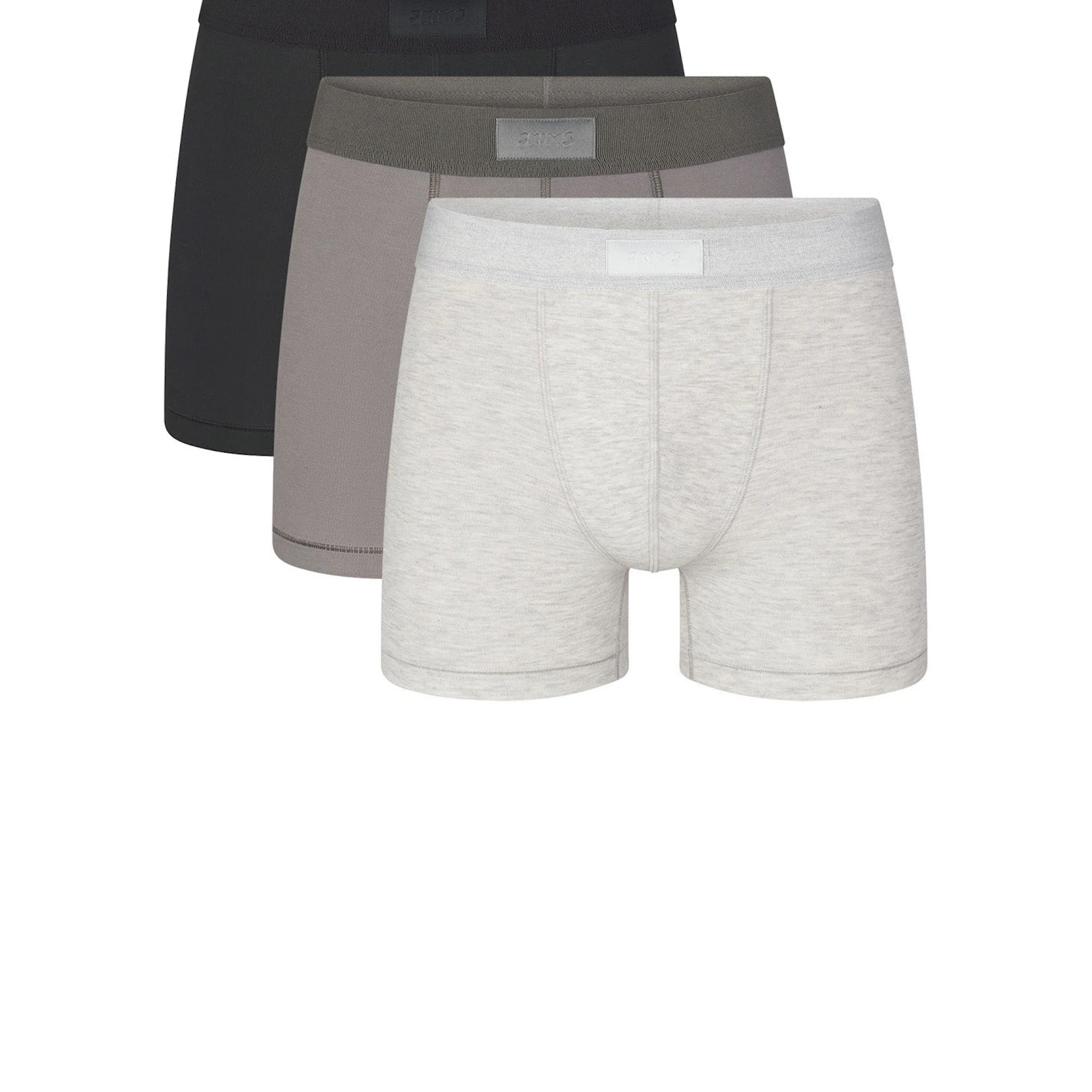SKIMS COTTON MENS 3" BOXER BRIEF 3-PACK | HEATHER MULTI (MENS BOXERS, MENS UNDERWEAR) LAYS FLAT ON A WHITE BACKGROUND | FLT