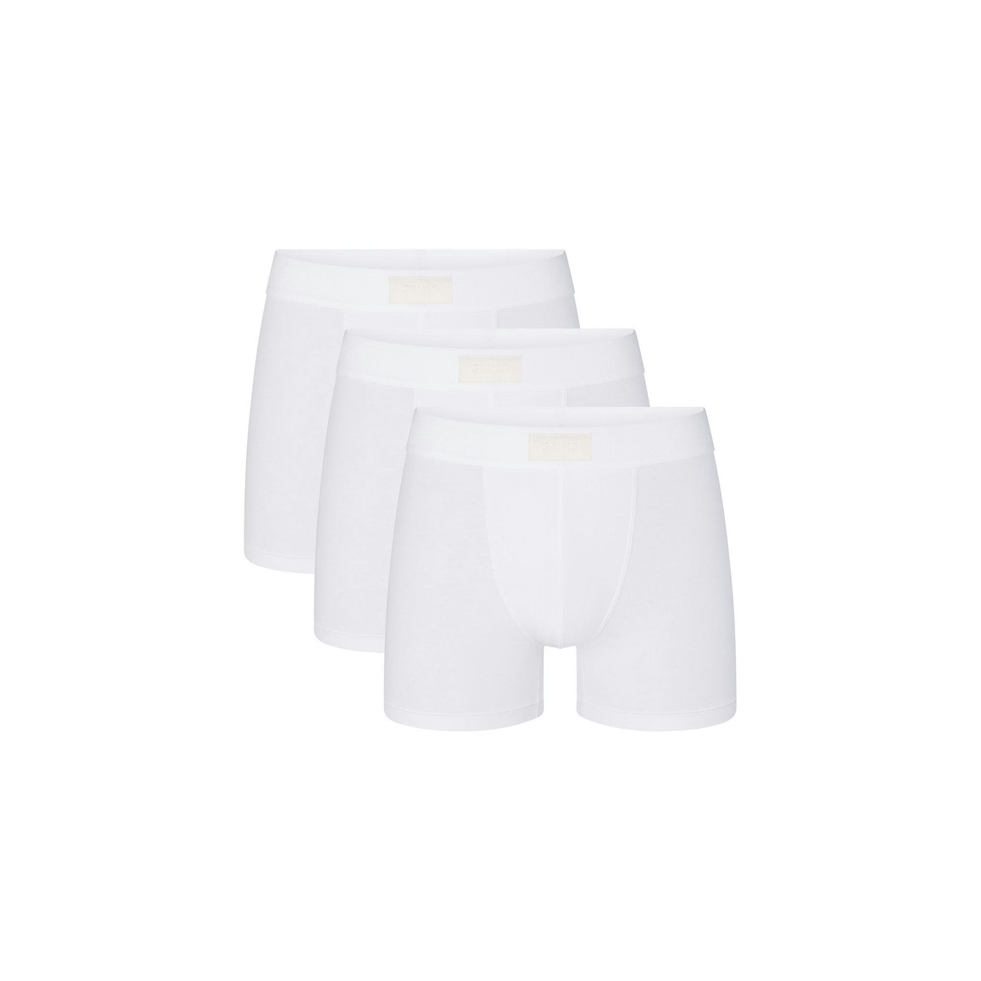 SKIMS COTTON MENS 3" BOXER BRIEF 3-PACK | CHALK (MENS BOXERS, MENS UNDERWEAR) LAYS FLAT ON A WHITE BACKGROUND | FLT  | FOCUS: 0.0, 1.0, 0.9