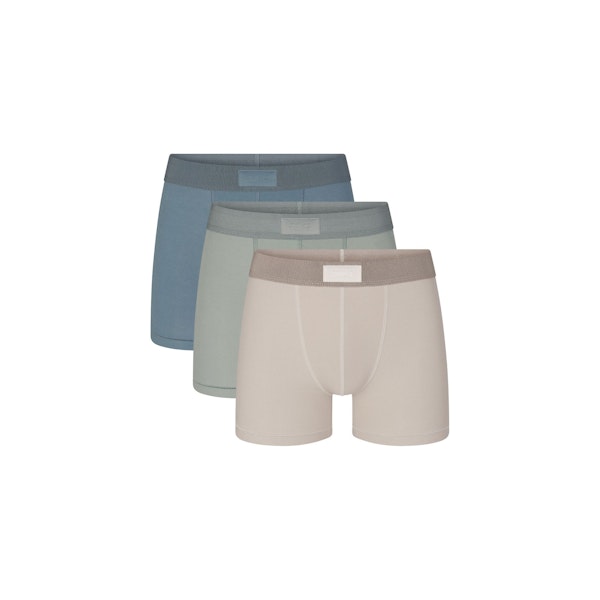 SKIMS COTTON MENS 3" BOXER BRIEF 3-PACK | STONE MULTI (MENS BOXERS, MENS UNDERWEAR) LAYS FLAT ON A WHITE BACKGROUND | FLT | FOCUS: 0.0, 1.0, 0.9