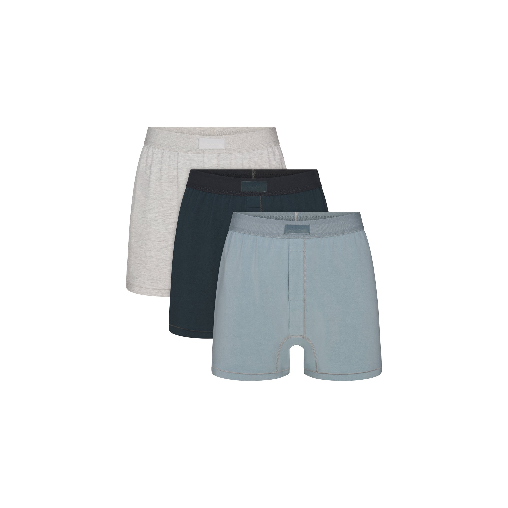 SKIMS COTTON MENS KNIT BOXER 3-PACK | VERDANT MULTI FLAT ON A WHITE BACKGROUND | FLT @ | FOCUS: 0.0, 1.0, 0.9