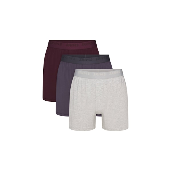 SKIMS STRETCH MENS KNIT BOXER 3-PACK | RAVEN MULTI FLAT ON A WHITE BACKGROUND | FLT @ | FOCUS: 0.0, 1.0, 0.9