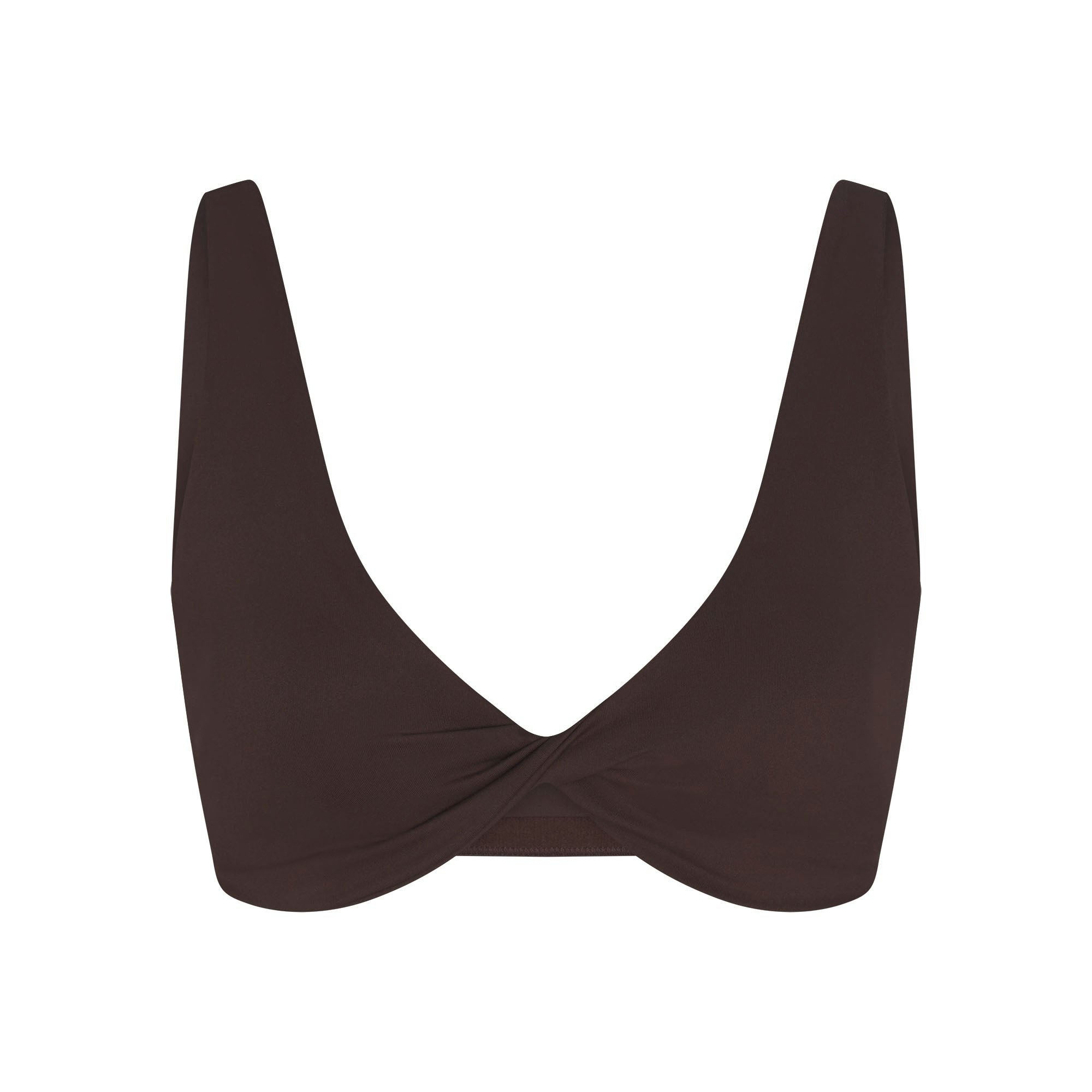 NikeSKIMS MATTE TWIST-FRONT BRA | DARK SEPIA FLAT ON A WHITE BACKGROUND | FLT