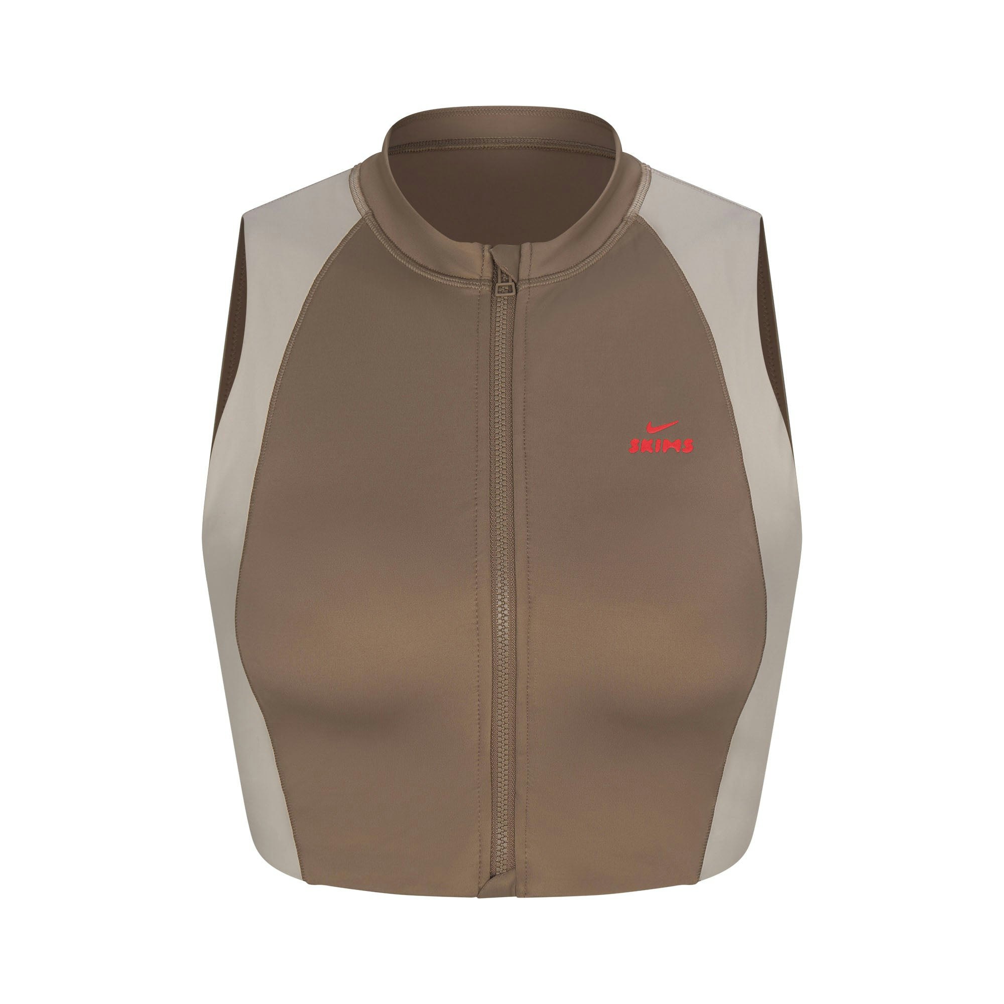 NikeSKIMS SHINE FRONT ZIP BRA | TRUFFLE AND STONE FLAT ON A WHITE BACKGROUND | FLT