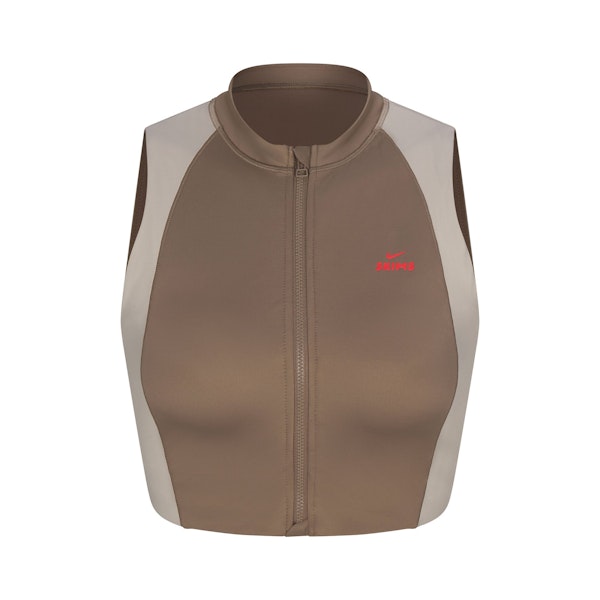 NikeSKIMS SHINE FRONT ZIP BRA | TRUFFLE AND STONE FLAT ON A WHITE BACKGROUND | FLT