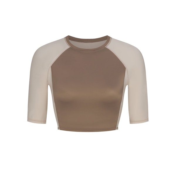 NikeSKIMS SHINE PADDED HALF SLEEVE CROP TOP | TRUFFLE AND STONE FLAT ON A WHITE BACKGROUND | FLT