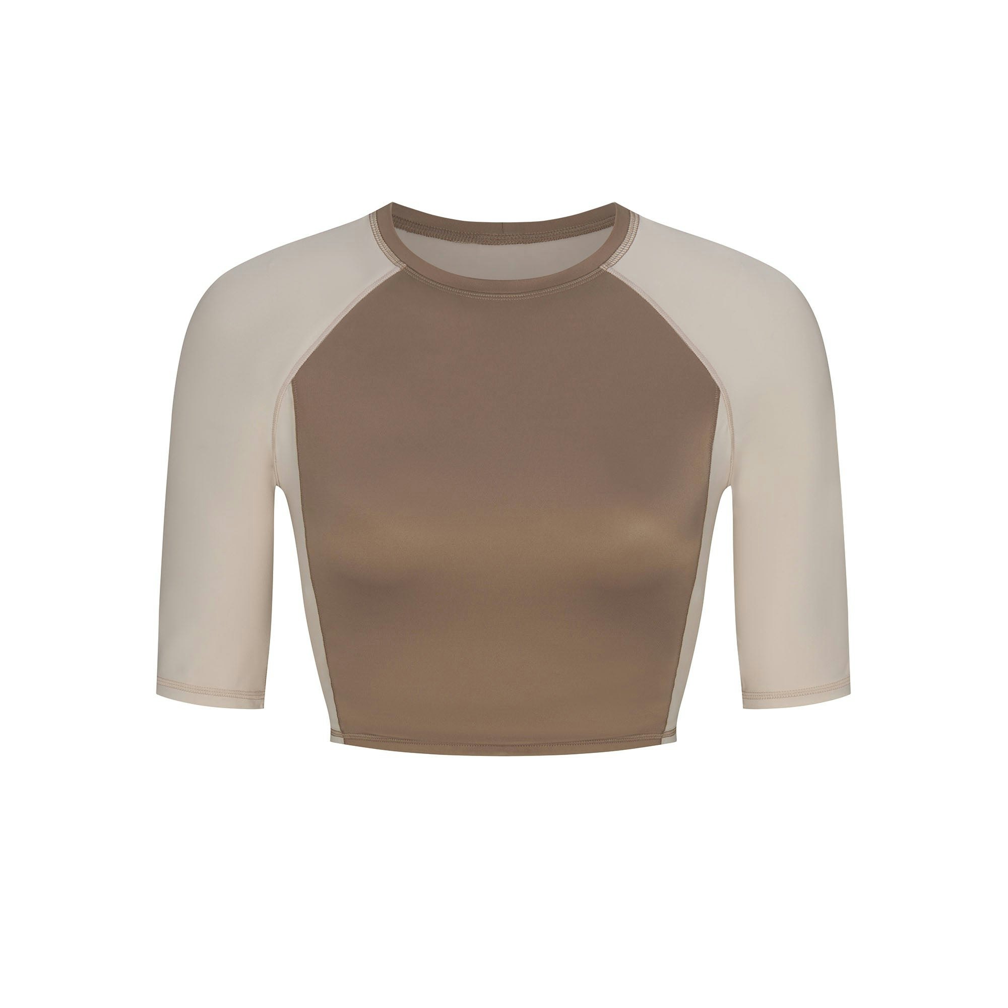 NikeSKIMS SHINE PADDED HALF SLEEVE CROP TOP | TRUFFLE AND STONE FLAT ON A WHITE BACKGROUND | FLT