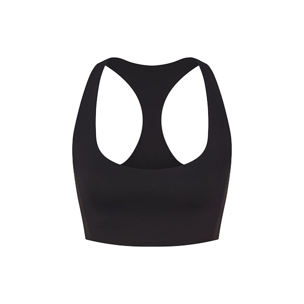 NikeSKIMS MATTE AND SHINE RACERBACK LONGLINE BRA | OBSIDIAN/IGNEOUS FLAT ON A WHITE BACKGROUND | FLT