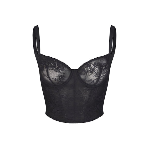 ULTRA FINE LACE CORSET | ONYX (CORSET TOPS) LAYS FLAT ON A WHITE BACKGROUND | FLT