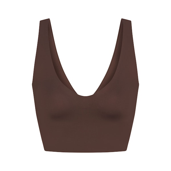 NikeSKIMS MATTE V-NECK BRA TOP | DARK SEPIA FLAT ON A WHITE BACKGROUND | FLT