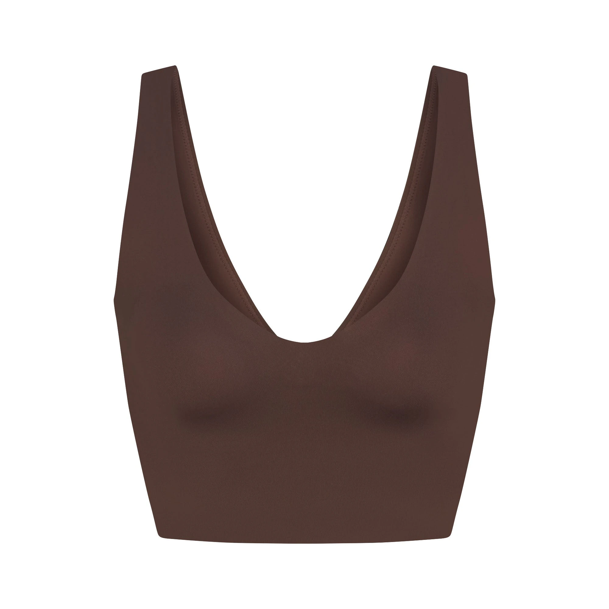 NikeSKIMS MATTE V-NECK BRA TOP | DARK SEPIA FLAT ON A WHITE BACKGROUND | FLT