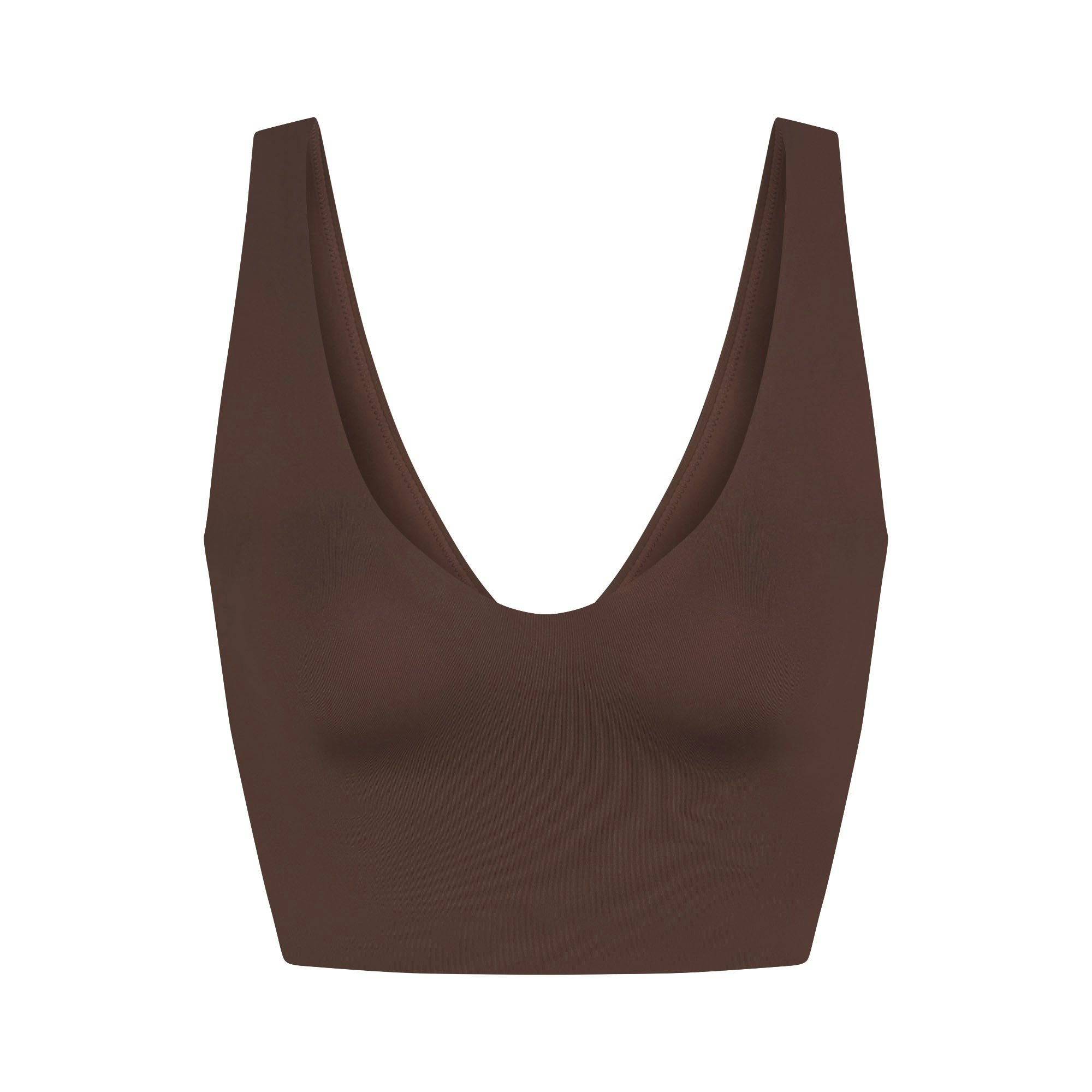 NikeSKIMS MATTE V-NECK BRA TOP | DARK SEPIA FLAT ON A WHITE BACKGROUND | FLT