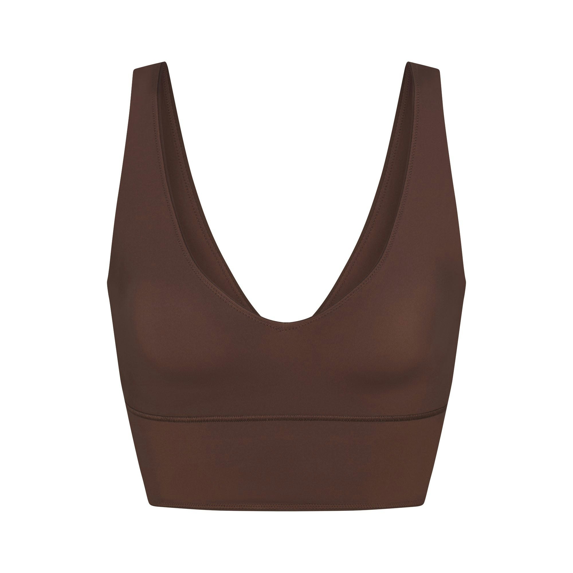 NikeSKIMS MATTE V-NECK BRA TOP | DARK SEPIA FLAT ON A WHITE BACKGROUND | FLT