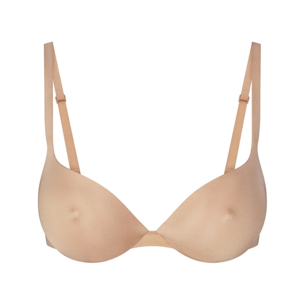 SKIMS ULTIMATE BRA NIPPLE PUSH-UP BRA | CLAY (PLUNGE BRAS) LAYS FLAT ON A WHITE BACKGROUND | FLT