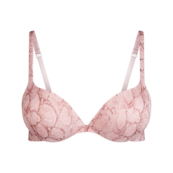 SKIMS ULTIMATE TEARDROP PUSH-UP BRA | ROSE PASTEL SNAKE PRINT FLAT ON A WHITE BACKGROUND | FLT