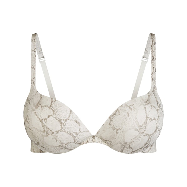 SKIMS ULTIMATE TEARDROP PUSH-UP BRA | STONE PASTEL SNAKE PRINT FLAT ON A WHITE BACKGROUND | FLT