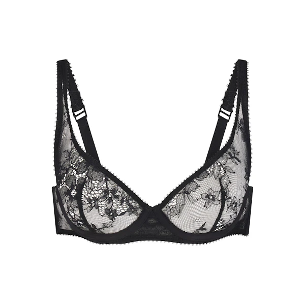 ULTRA FINE LACE SCOOP BRA | ONYX (SCOOP BRAS) LAYS FLAT ON A WHITE BACKGROUND | FLT